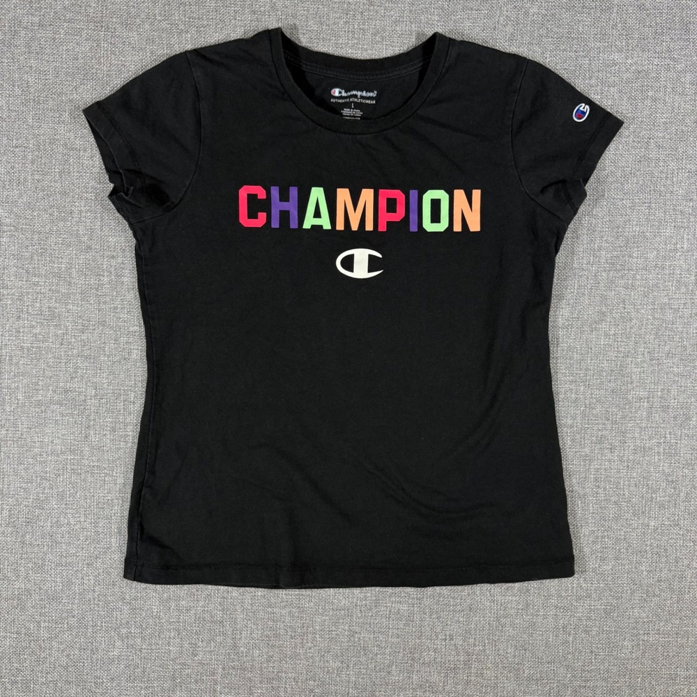 Champion Graphic Tee Kids Large Black Rainbow Logo Short Sleeve Sporty Shirt